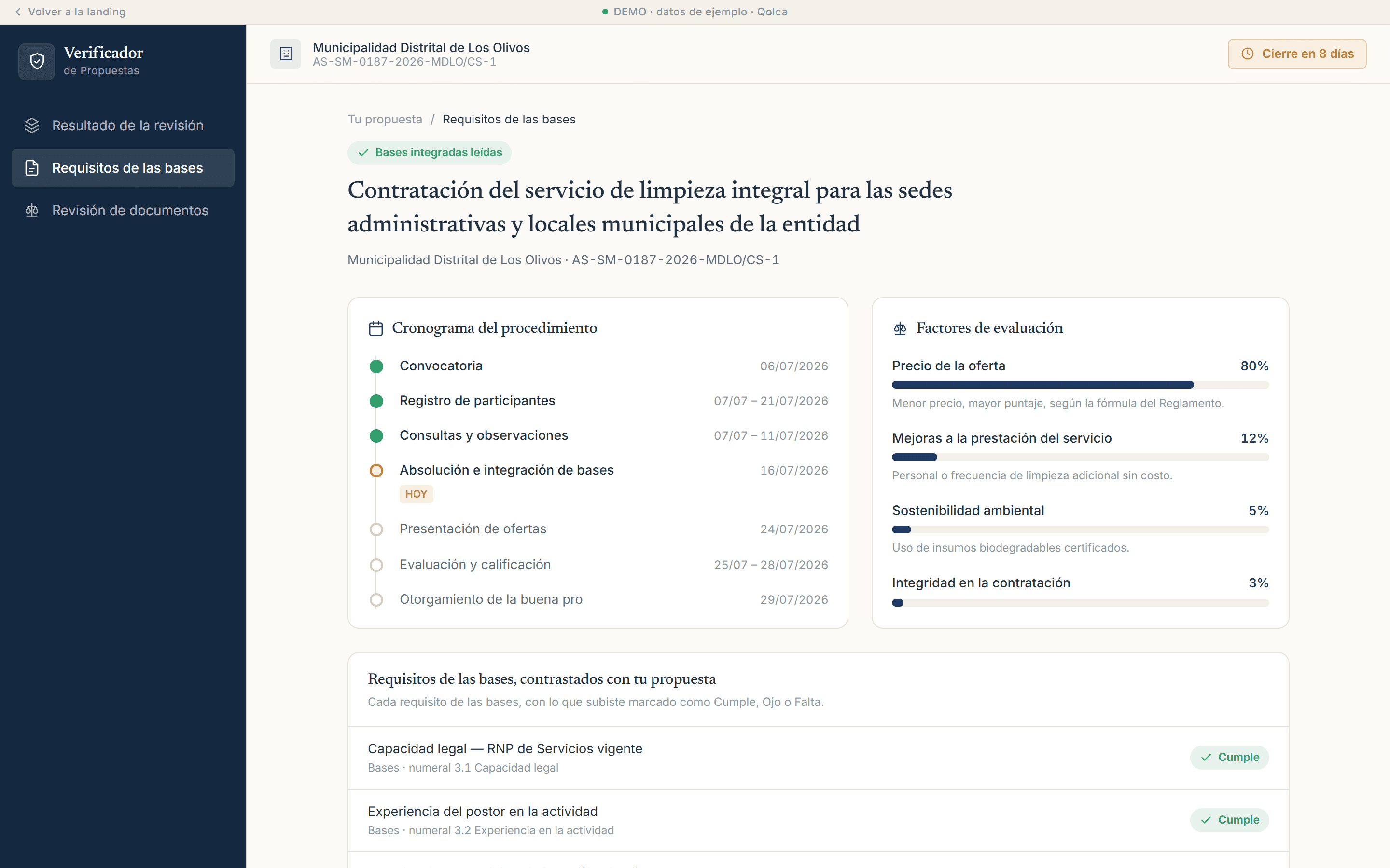 Requisitos de las bases: cronograma, factores de evaluación y requisitos extraídos.