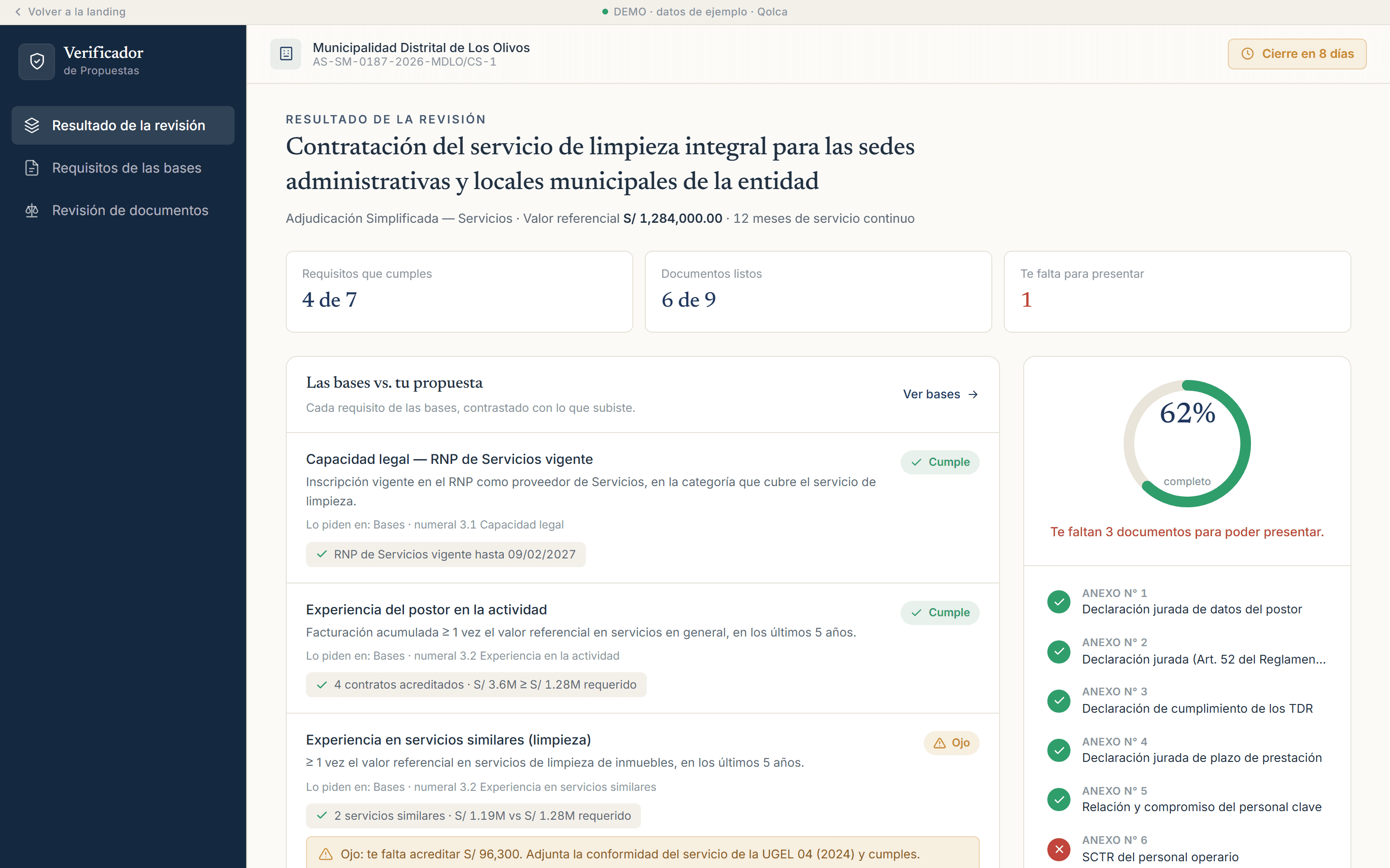 Resultado de la revisión: requisitos con estado Cumple, Ojo o Falta.